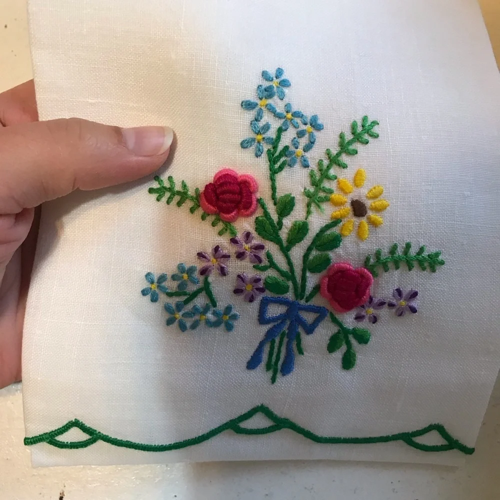 NWOT Hand Embroidered Floral Linen, Napkin, Towel